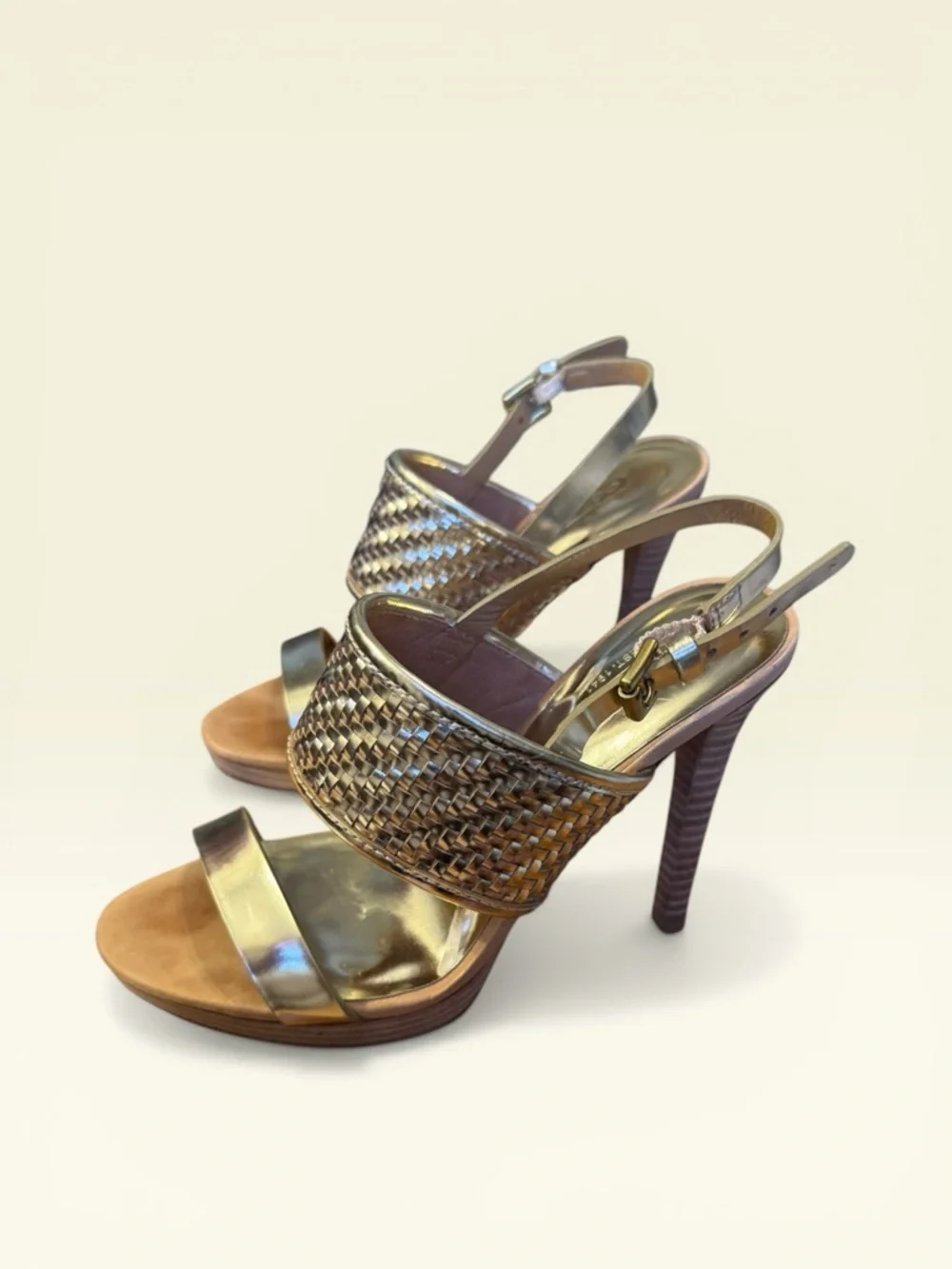 Coach Steffi Gold Open Toe Slingbag Heels - Picture 3 of 8